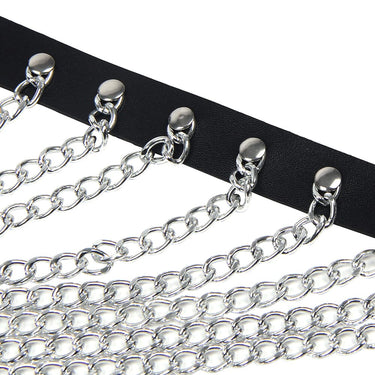 a row of silver chains on a black belt